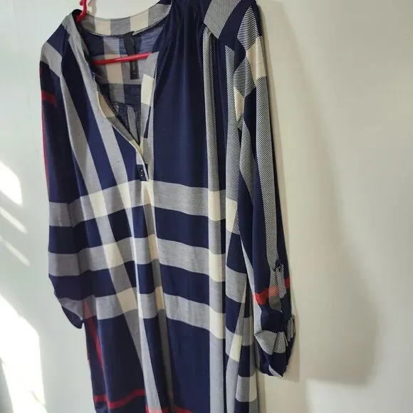 Yahata Women’s Plaid Tunic Dress Blue Red White Button Cuff V-Neck Size L - Picture 2 of 10